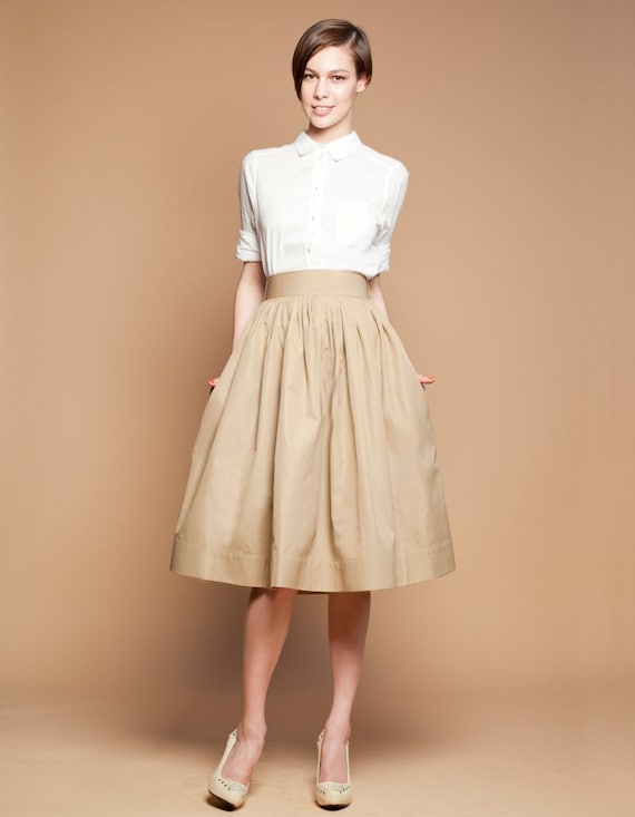 Full Midi Skirt, Custom Skirt, Beige High Waist Skirt, Pleated Skirt,  Casual Wedding Skirt, Pocket Skirt, Flare Skirt, Cocktail Skirt,1950's 