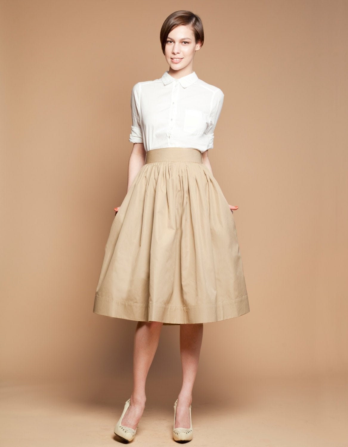 Full Midi Skirt Custom Skirt Beige High Waist Skirt Pleated - Etsy