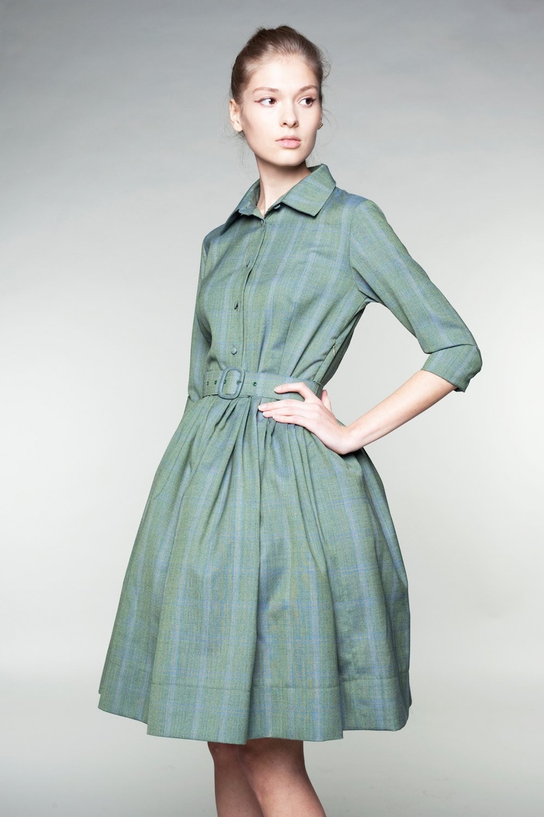 Wool Shirt Dress, Midi Dress, Retro Dress, Shirt Dress, 1950's Dress, Vintage Style Dress, Collared Dress, Pocket Dress, Green Dress, Flare