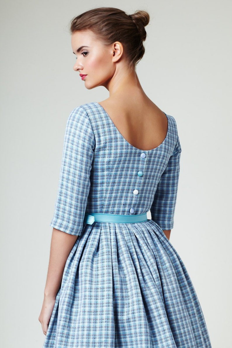 Pleated Blue Linen Dress Cocktail Dress Party Dress Casual Wedding Dress Pin Up Dress Plus Size Clothing Swing Dress 1950/'s Dress