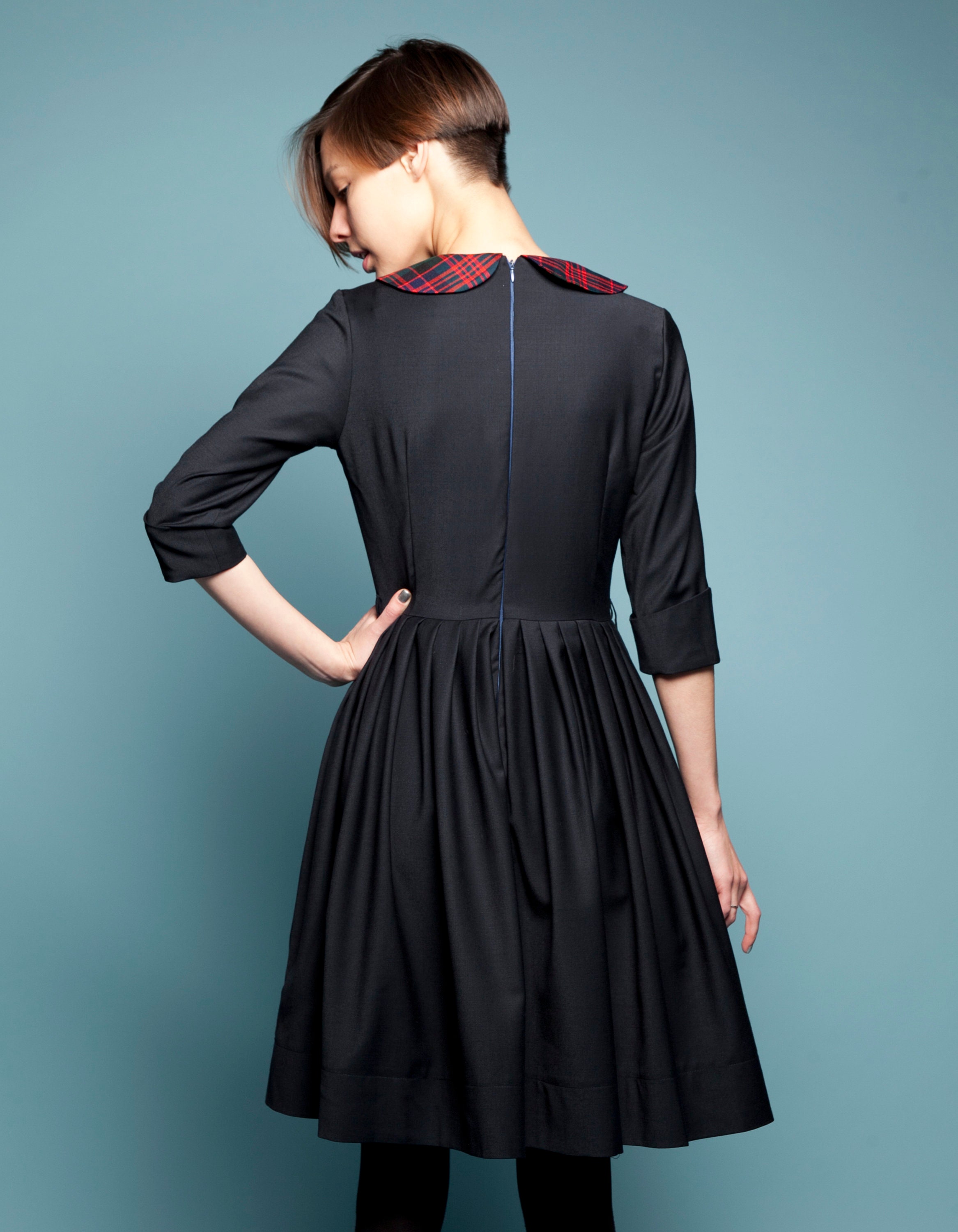 black dress with red collar Black satin radzimir dress with reversible red collar