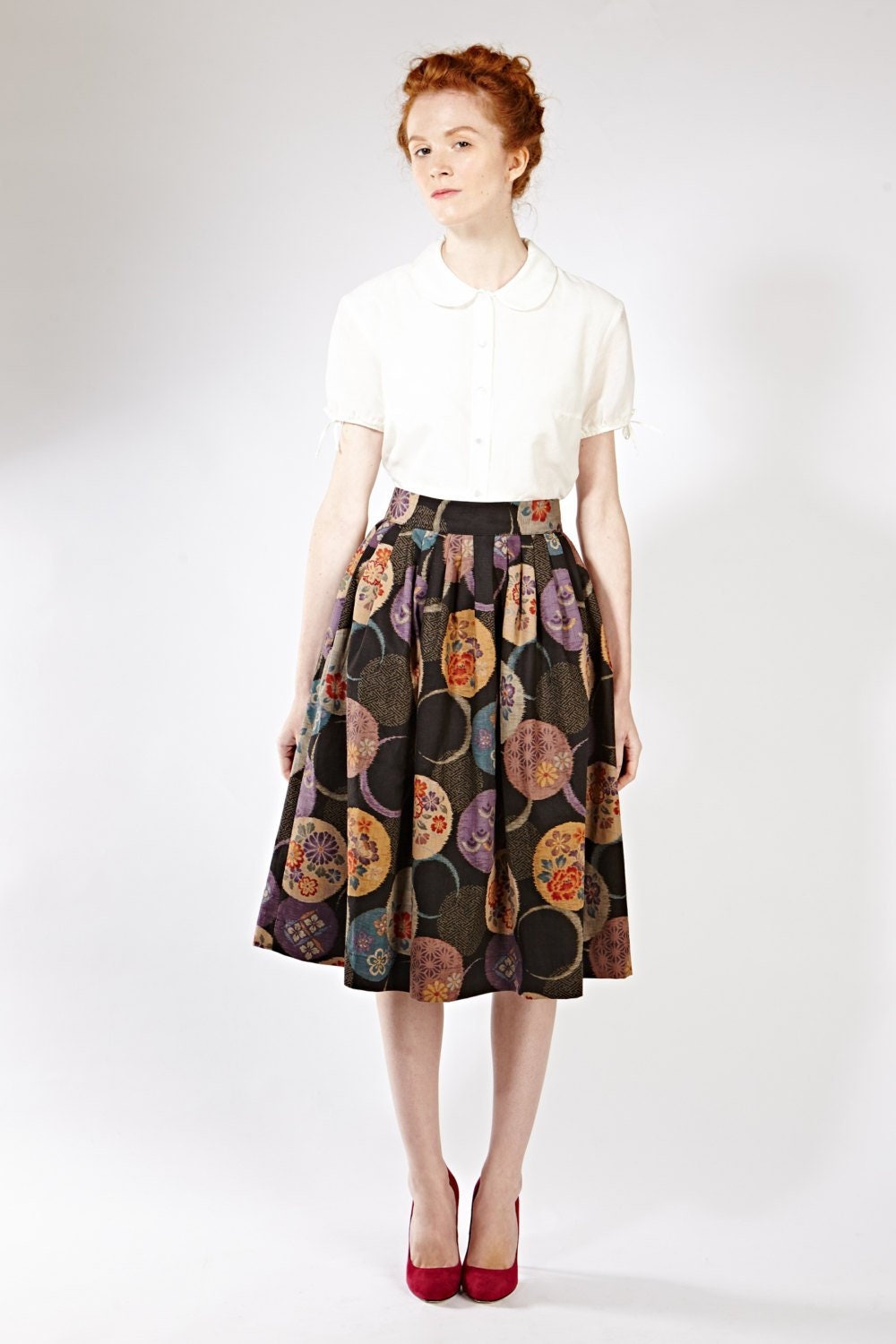 Women Linen Skirt, Floral 1950's Retro Pleated Pocket Flare Circle Full Swing