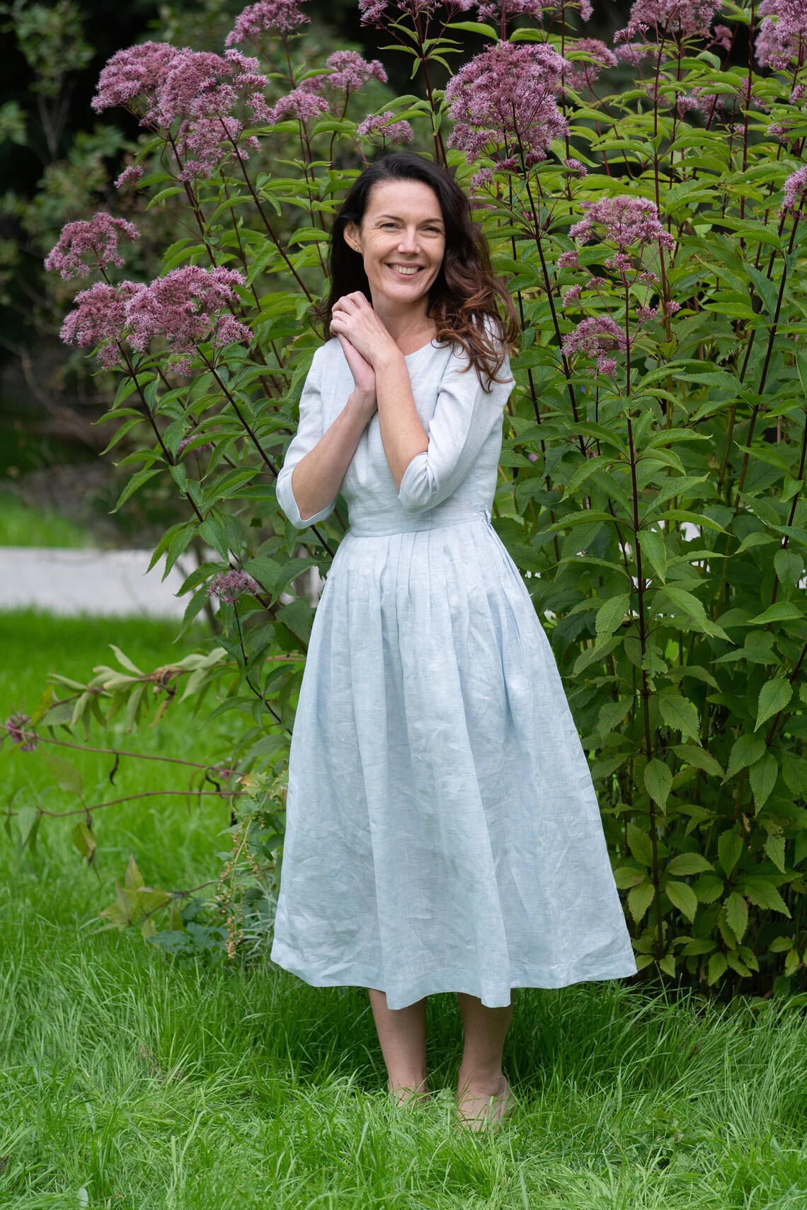 Peasant Linen Dress Pleated Dress Linen Midi Dress Comfy Etsy