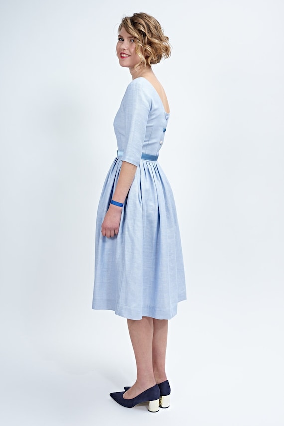 Blue Wedding Dress - Linen Wedding Dress - Modest Wedding Dress - Blue  Linen Dress - Midi Dress - Simple Wedding Dress -prairie 1950's Dress - Etsy