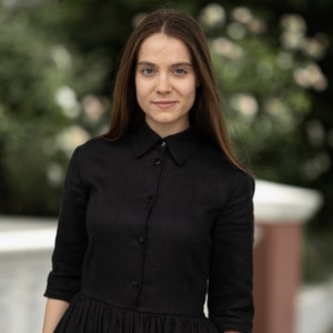 Black linen shirt dress Modest simple minimalist dresses with pockets by Mrspomeranz image 1
