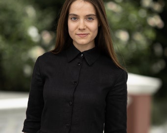 Black linen shirt dress - Modest simple minimalist dresses with pockets by Mrspomeranz