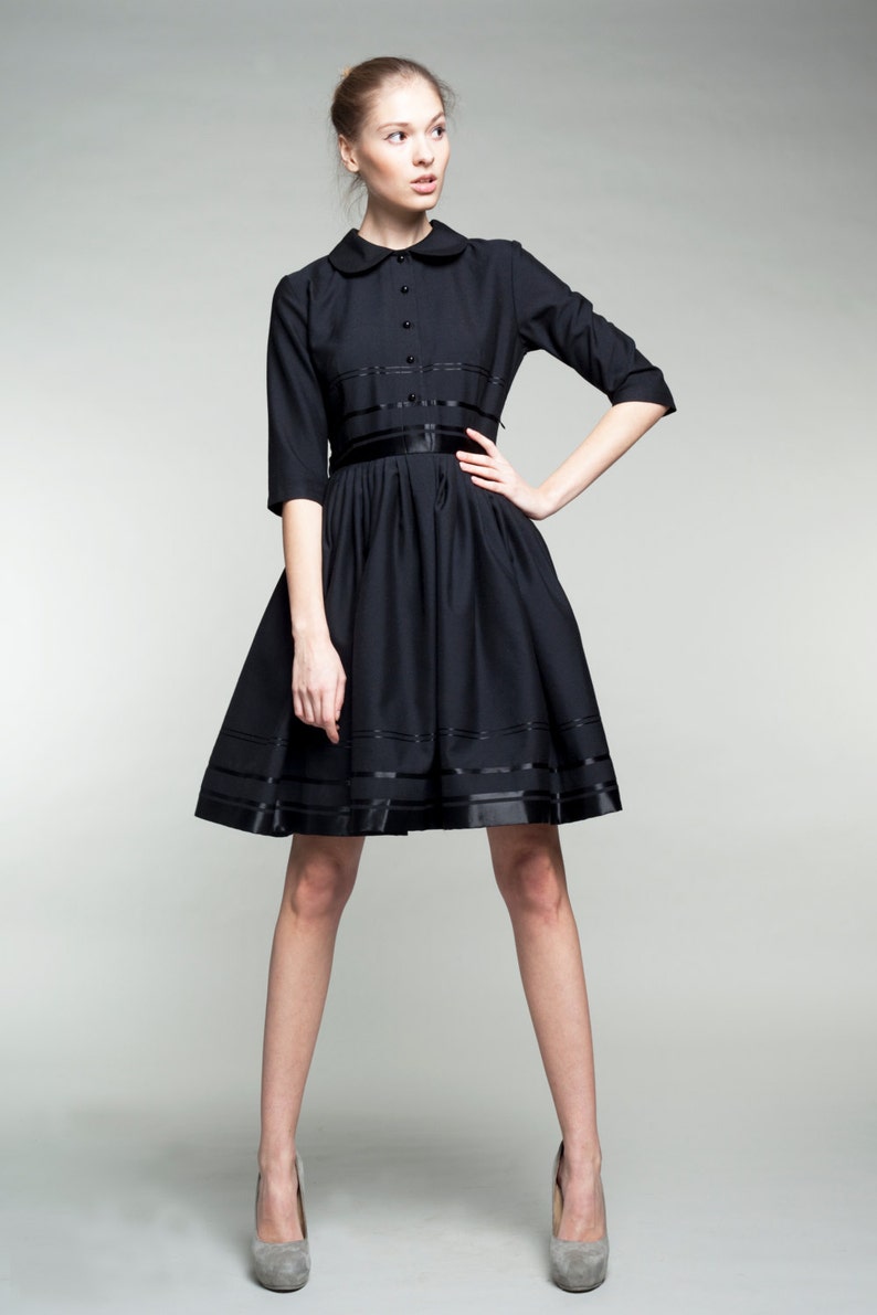 Dress For Women, Wool Dress, Winter Black Dress, Audrey Hepburn Dress, 1950's Dress, Shirt Dress, Cocktail Dress, Little Black Dress,Elegant image 4