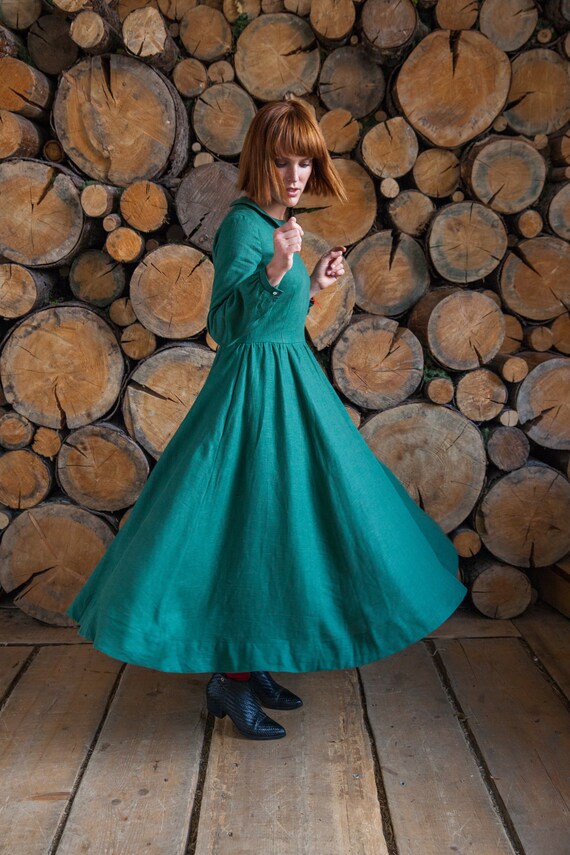 Women Linen Dress Collar House Dress 