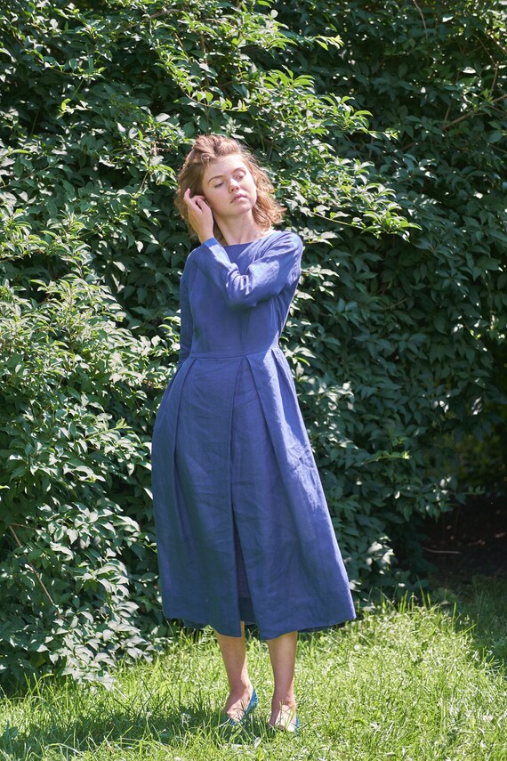Long Sleeves Linen Dress Plus Size Linen Dress Pleated - Etsy Polska