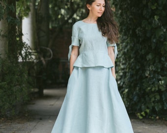 Mint linen midi feminine Manon skirt with pockets by Mrspomeranz