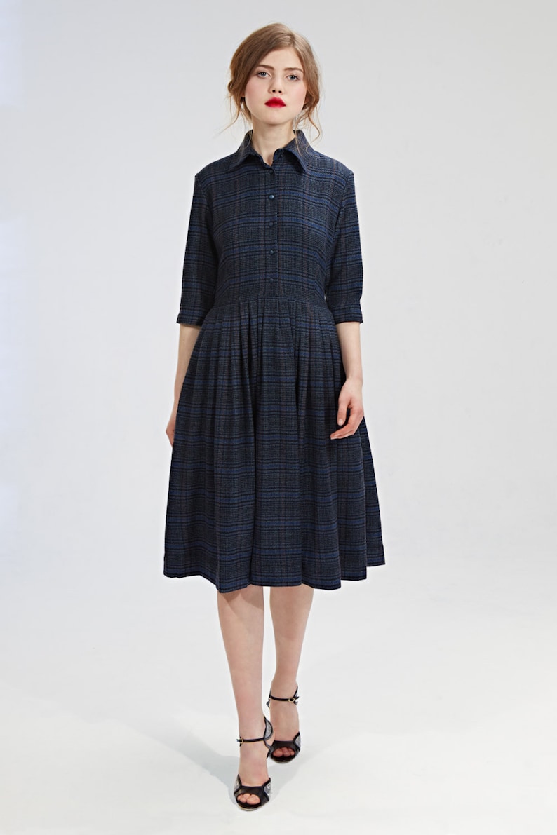 Women Wool Dress Navy Blue Dress Shirt Dress Flare Dress Etsy