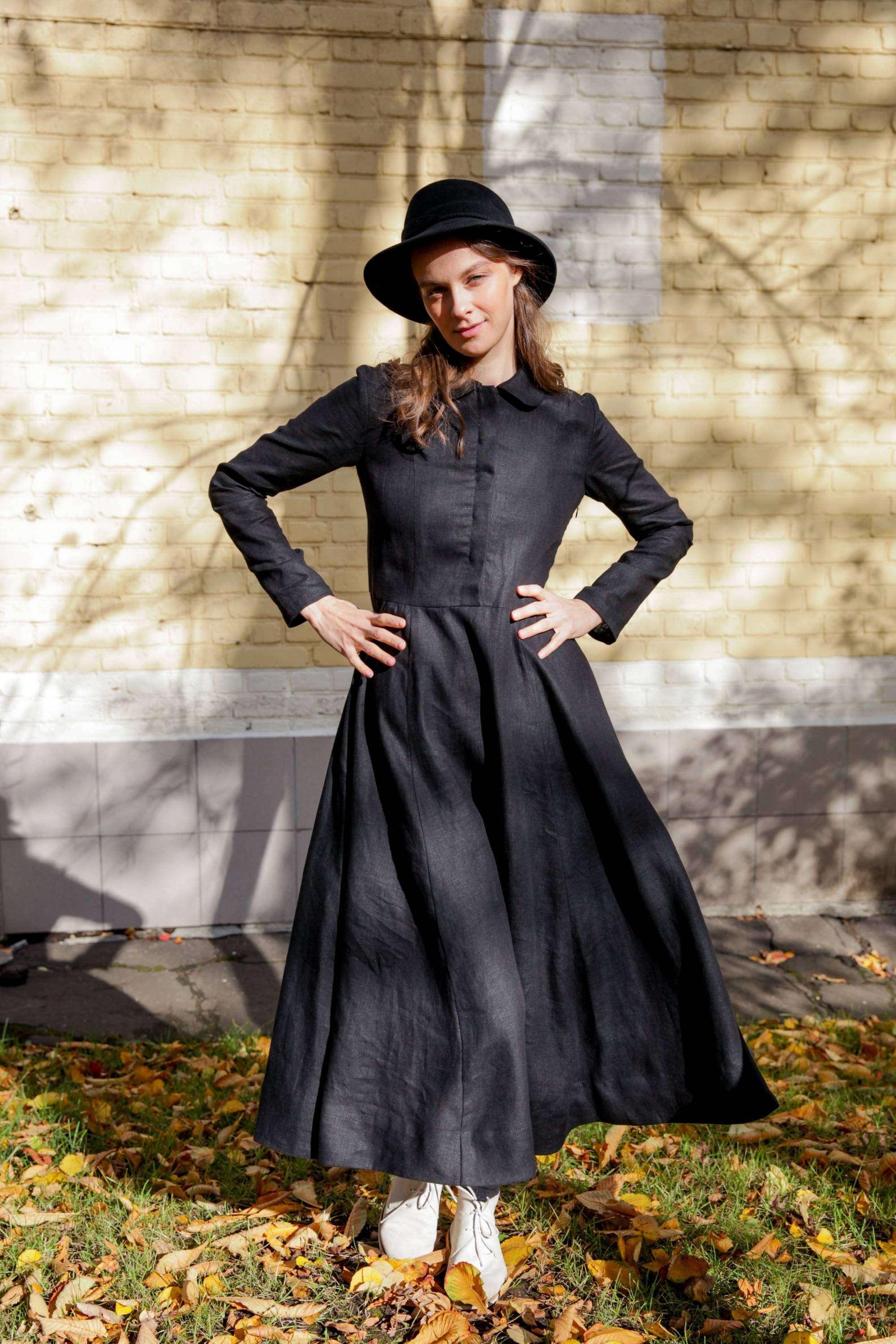 Black Linen Dress Shirt Dress Amish Dress Little Women Dress