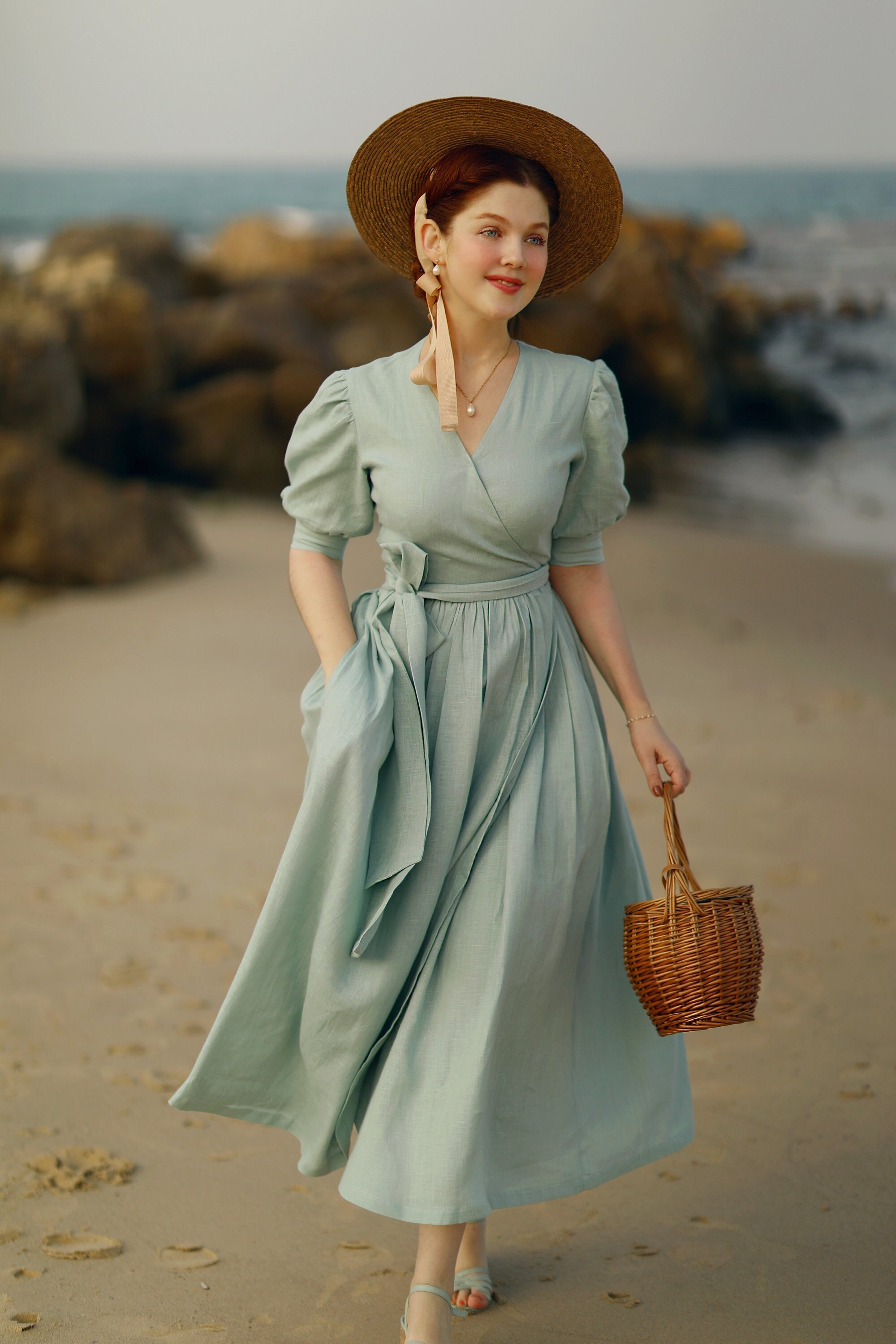 Linen Wrap Tea Length Dress 1950s Vintage Style Dresses for Mother