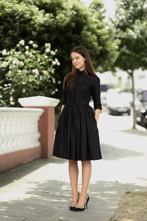 Black Linen Shirt Dress Modest Simple Minimalist Dresses | Etsy