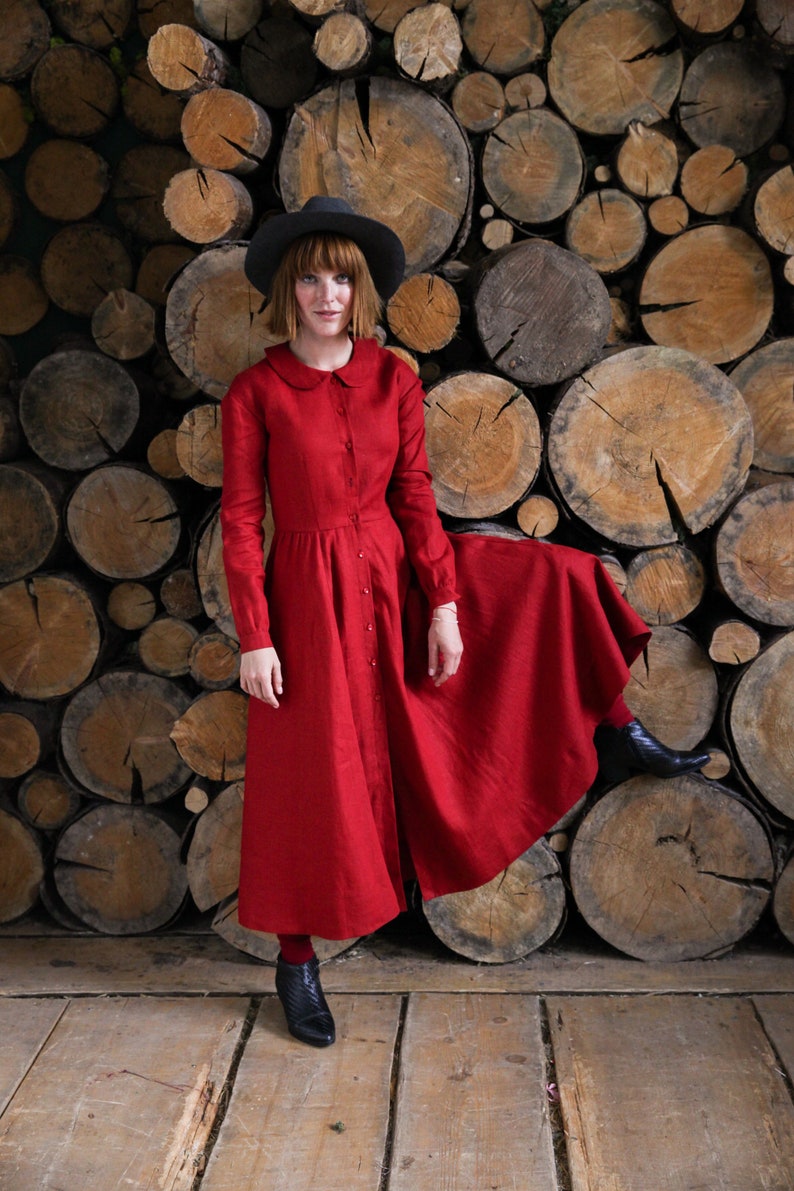 Linen Shirt Dress Flare Dress Linen Red Dress Pocket Lounge Etsy