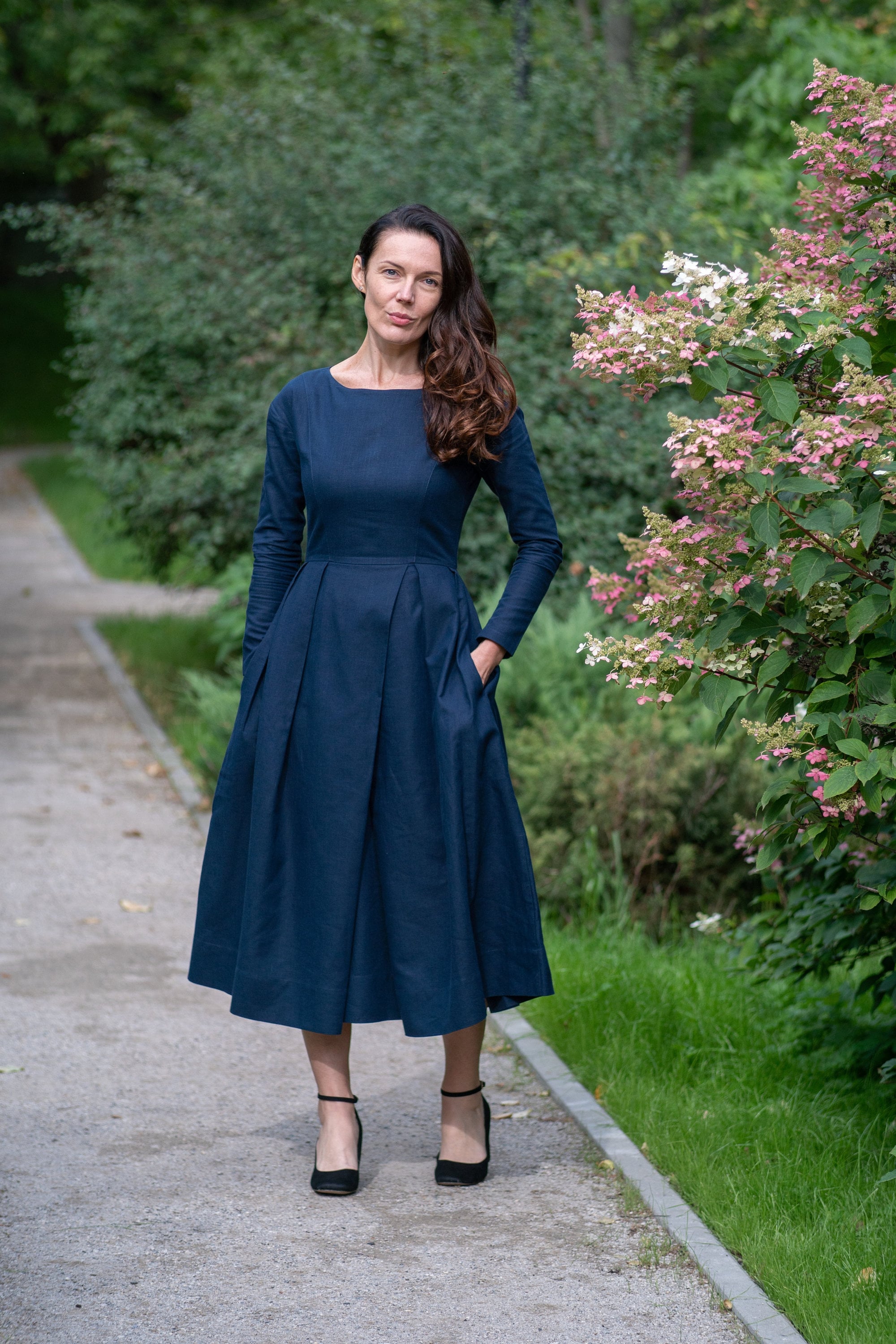 Navy Blue Dress, Modest Linen Dress, Women Linen Dress, Linen