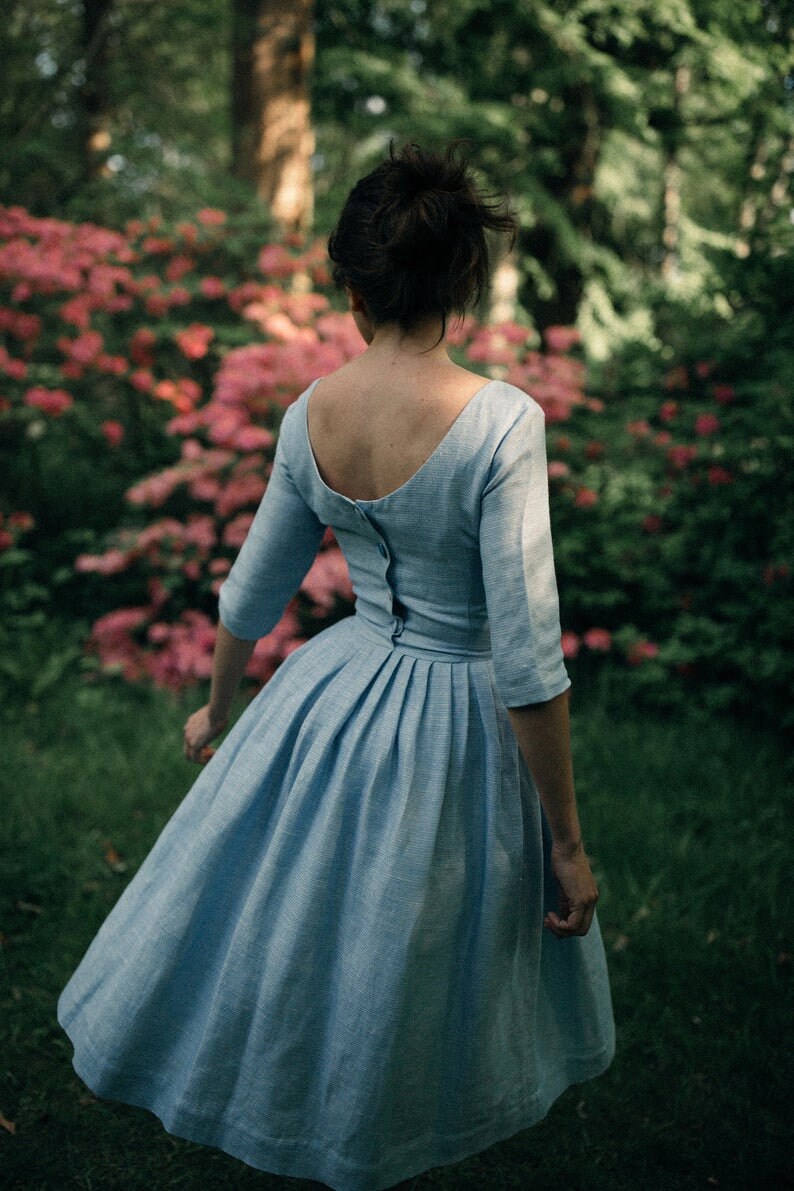 Pink Linen wedding Dress - Modest wedding guest Dress - Pink Bridesmaid Dress - Linen Dress With Pockets - Linen Tea Length Dress Pink Linen wedding Dress - Modest wedding guest Dress - Pink Bridesmaid Dress - Linen Dress With Pockets - Linen Tea Length Dress