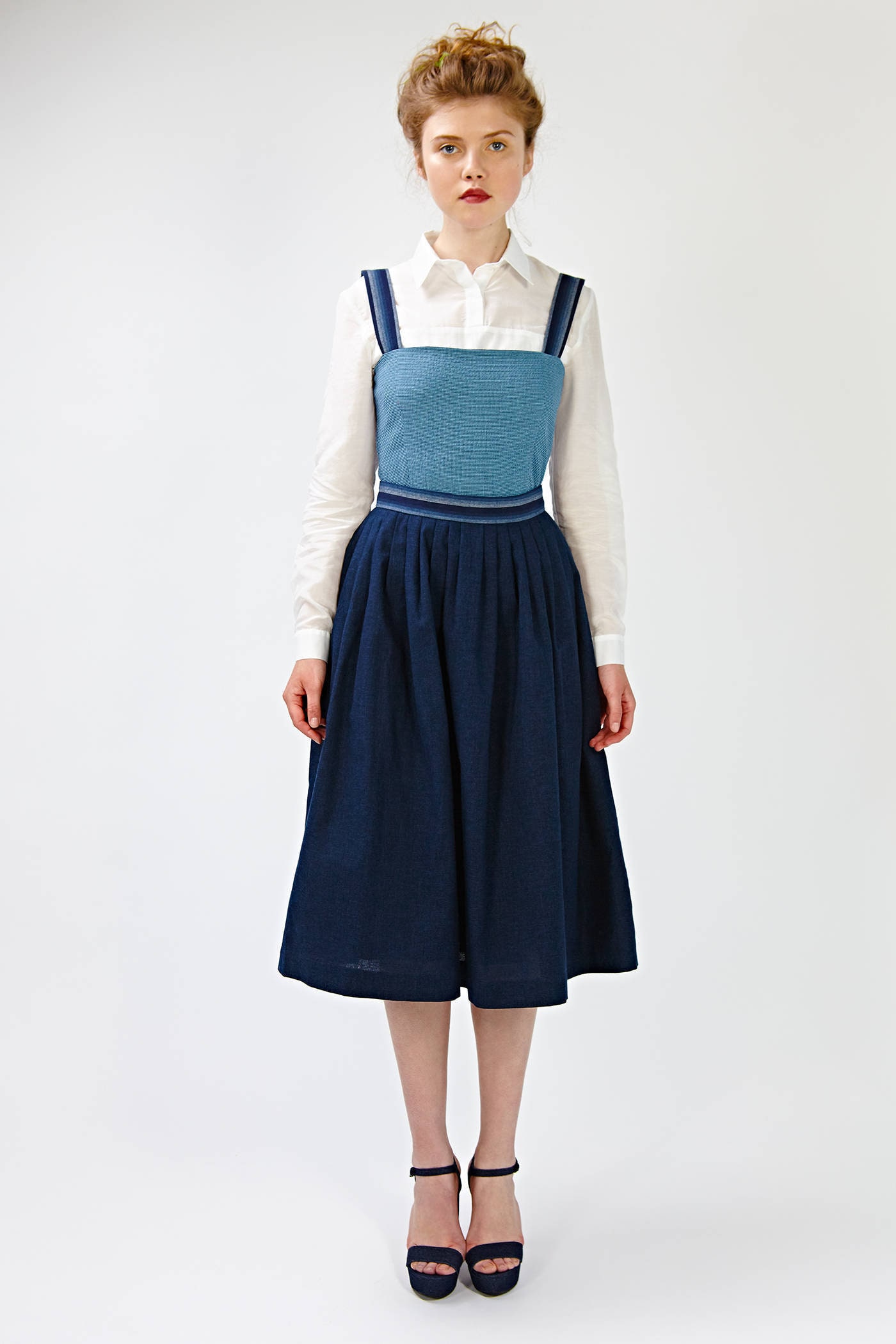 Women Midi Dress, Apron Set Of 2, White Shirt, Minimalist Clothing, Office Set, Navy Blue Flare Indigo Cocktail