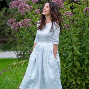 Peasant Linen Dress, Pleated Dress, Linen Midi Dress, Comfy Linen Dress, Bohemian Linen Clothing, Plus Size Linen Dress,Long Sleeves,Prairie image 3