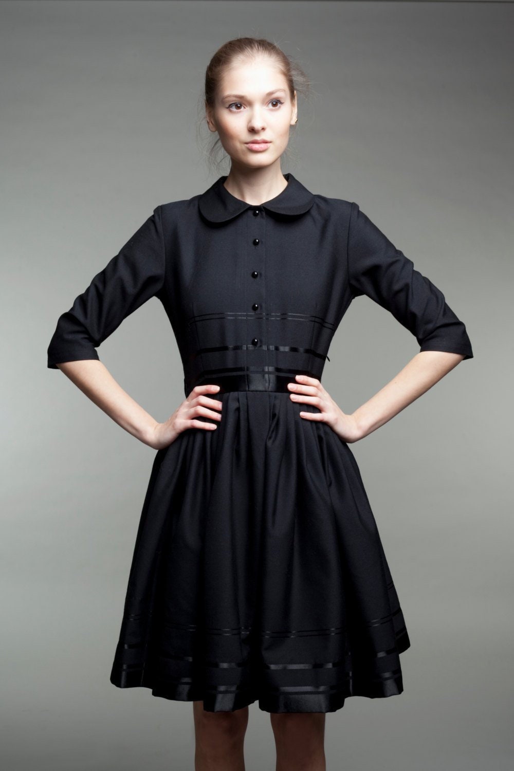 Image of Dress For Women, Wool Dress, Winter Black Audrey Hepburn 's Shirt Cocktail Little Dress, Elegant