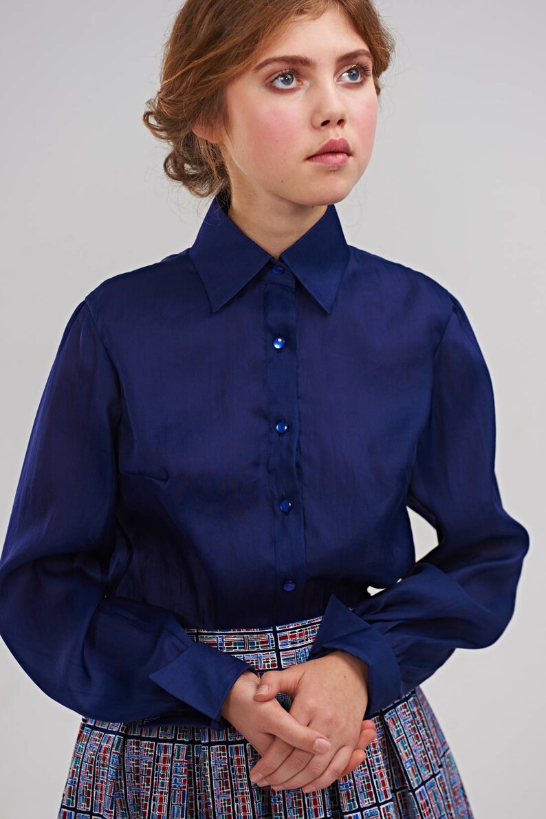 Blue Shirt, Elegant Shirt, Office Outfit, Collar Blouse, 1950's Shirt, Minimalist Clothing, Plus Size Clothing, Blue Top, Office Clothing image 8