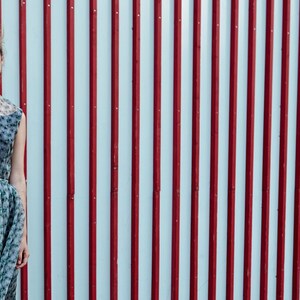 May include: A woman wearing a gray floral print dress with a sheer neckline and a matching skirt. The dress is cinched at the waist with a silver belt. The background features a red and white striped wall.