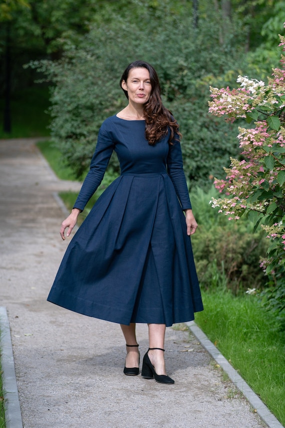 Navy Blue Dress, Modest Linen Dress, Women Linen Dress, Linen