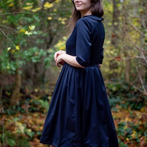 Navy wool pleated midi dress for women with Peter Pan collar great for winter in sizes XS XXL image 3