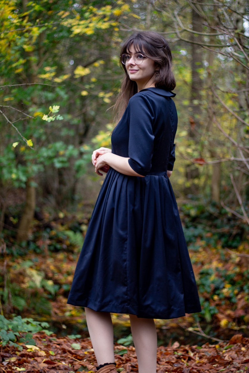 Navy wool pleated midi dress for women with Peter Pan collar great for winter in sizes XS XXL image 3