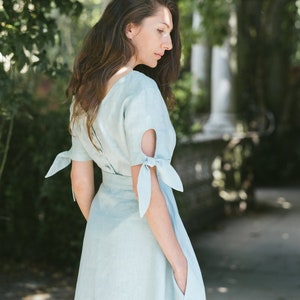 Mint linen peplum Amantine blouse with tie sleeves by Mrspomeranz