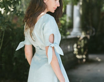 Mint linen peplum Amantine blouse with tie sleeves by Mrspomeranz