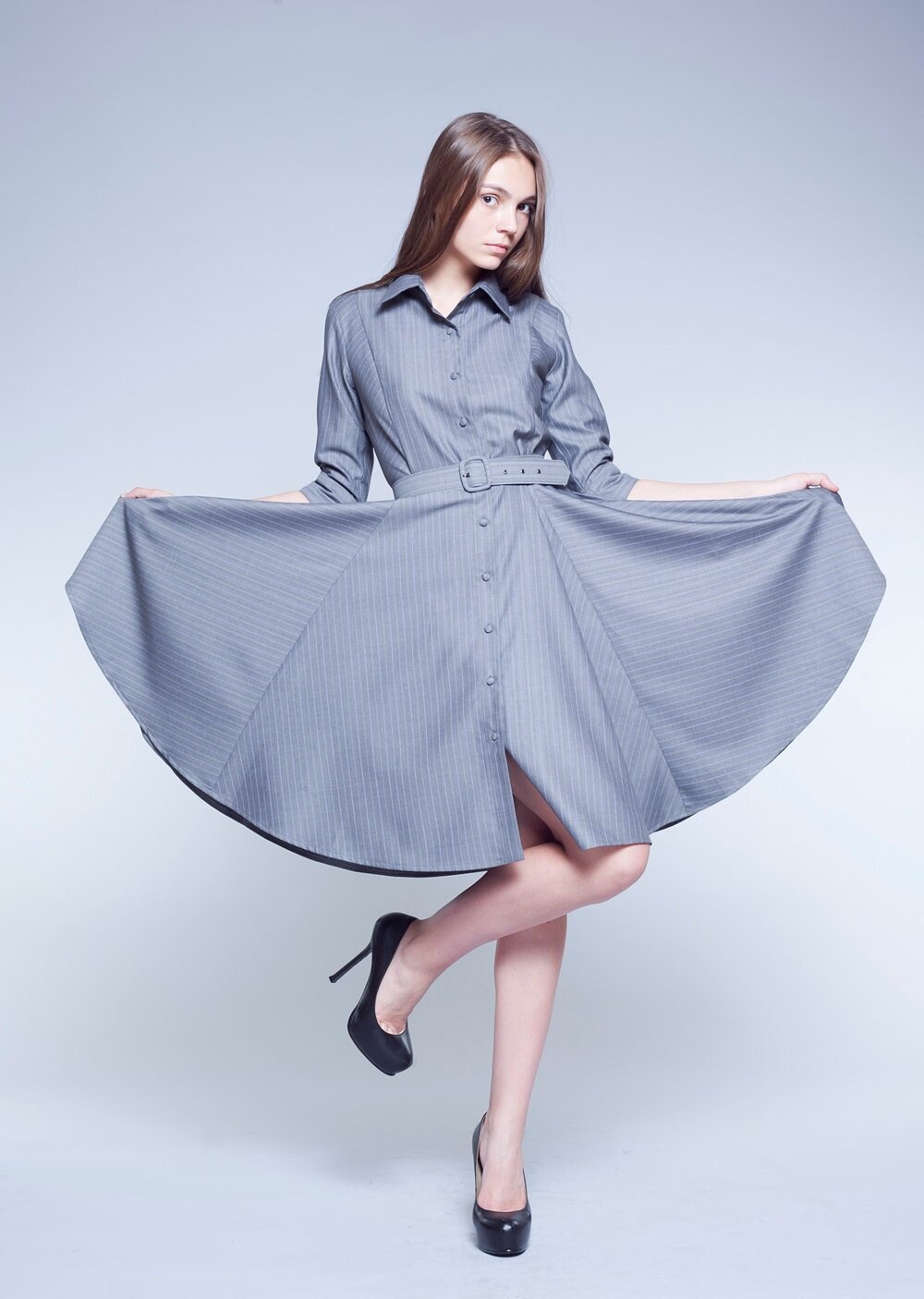 Image of Plus Size Circle Dress, Full Women Wool Gray Shirt Collar Belt 's Office Dress