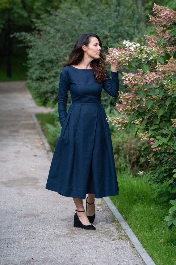 woman navy dress