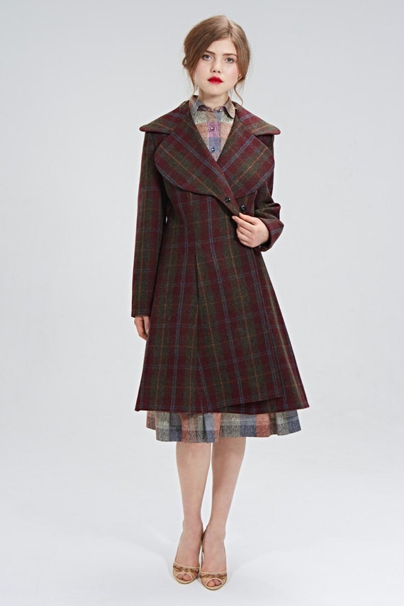 Red Wool Coat, Tartan Coat, 1940's Coat, Plus Size Clothing, Vintage Style Coat, Plaid Coat, Office Outfit, Burgundy Coat, Winter Warm Coat