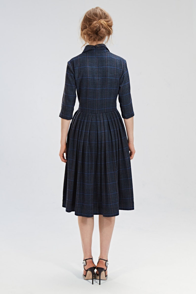 Women Wool Dress Navy Blue Dress Shirt Dress Flare Dress Etsy