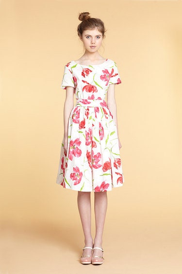 Image of Floral Dress, Midi Flare Elegant Bridesmaid 's Cocktail Flower Cotton Pocket