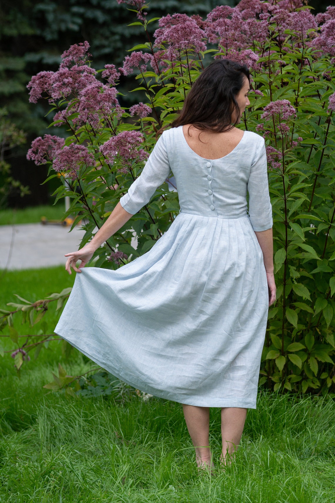 Peasant Linen Dress Pleated Dress Linen Midi Dress Comfy Etsy