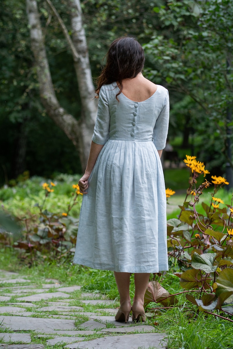 Peasant Linen Dress, Pleated Dress, Linen Midi Dress, Comfy Linen Dress, Bohemian Linen Clothing, Plus Size Linen Dress,Long Sleeves,Prairie image 5