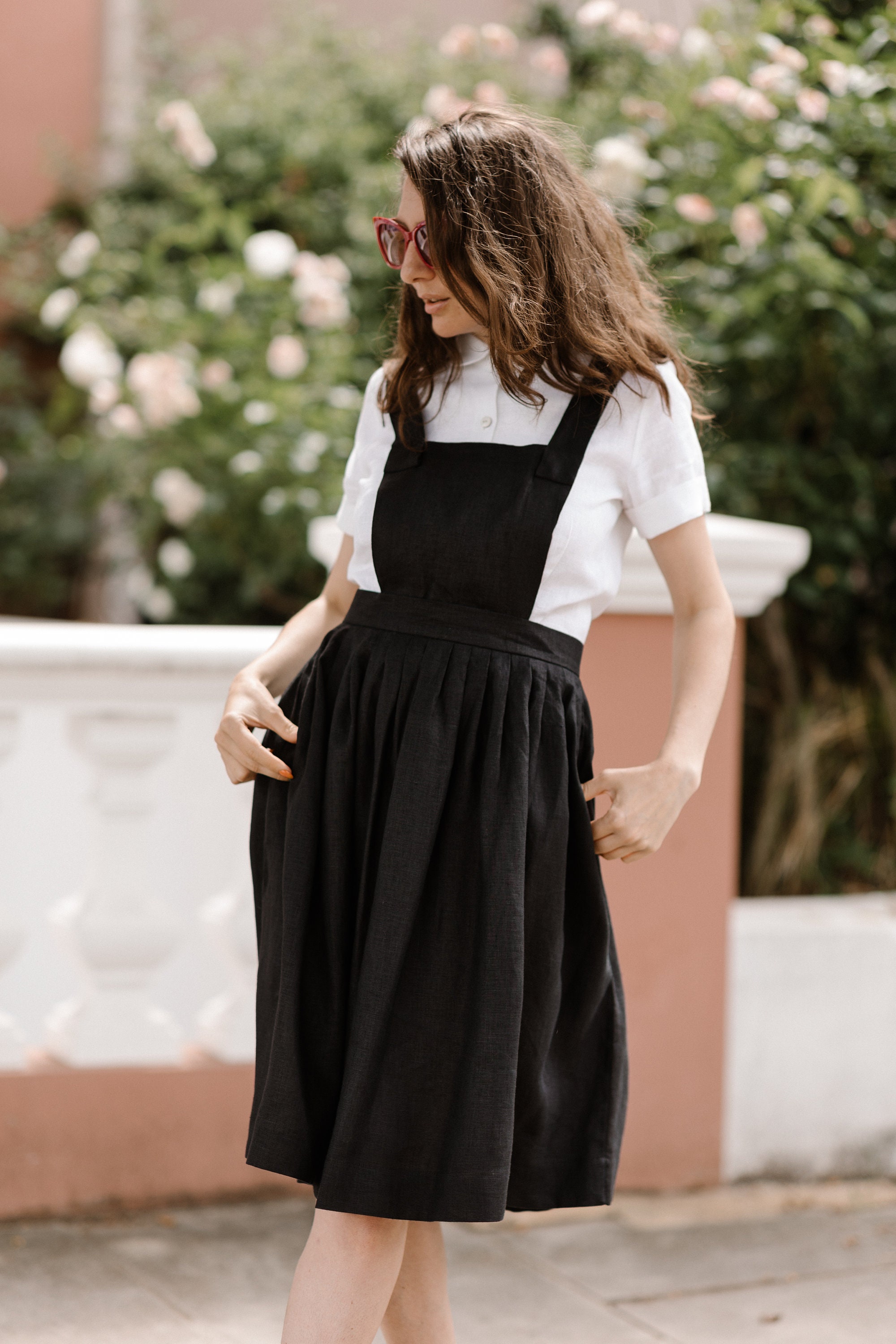 Linen Pinafore Apron Dress - Black Overall Dresses - Open Cross
