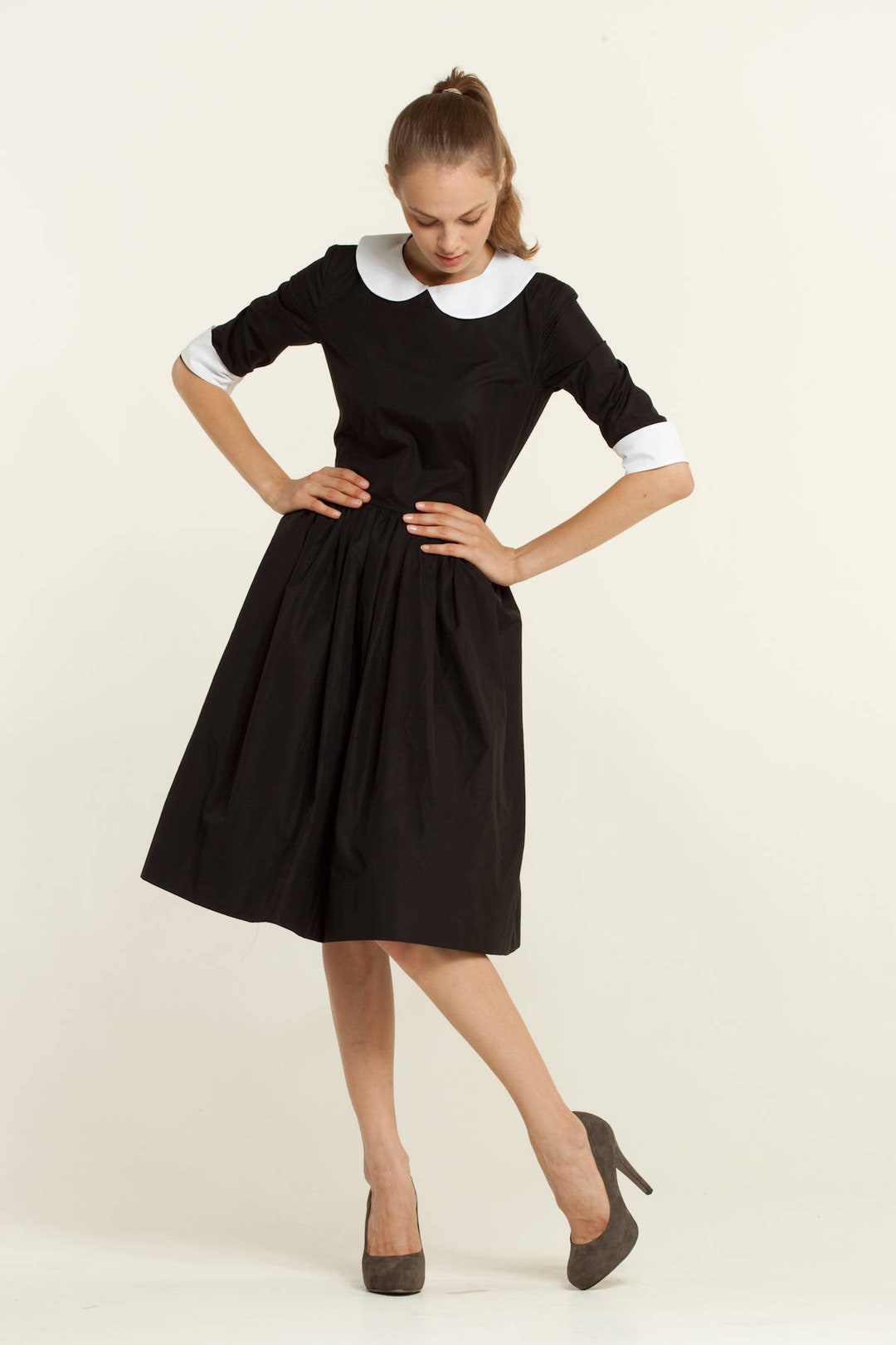 Black Dress With White Collar Audrey Hepburn Dress Midi Dress