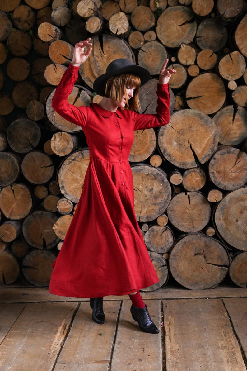 Linen Shirt Dress Flare Dress Linen Red Dress Pocket Lounge Etsy