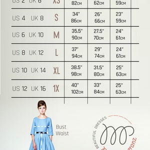 May include: Size chart for dresses with measurements in inches and centimeters. The chart shows sizes XS through 1X with corresponding bust, waist, and skirt length measurements. The chart is labeled "Size Chart" and "Beautiful Dresses Mrs. Pomeranz".