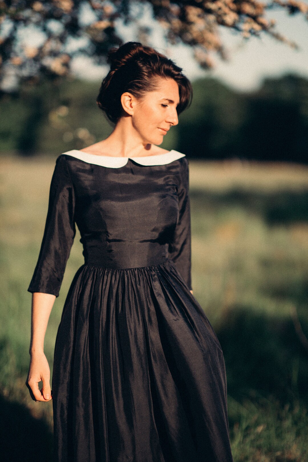 Silk Black Dress Collar Black Dress Fit and Flare Dress Etsy