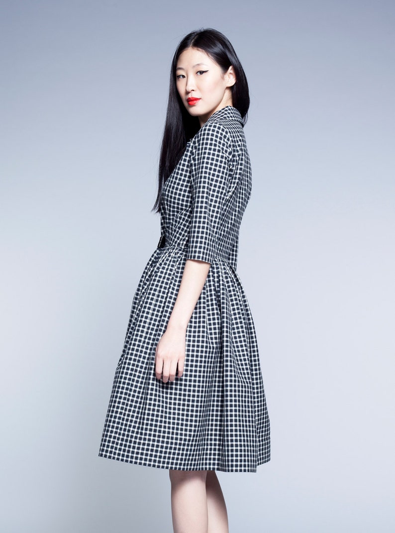 Gingham 50s style modest knee length dress Peter Pan collar plaid midi retro 1950s inspired dresses 50's custom made clothing image 2