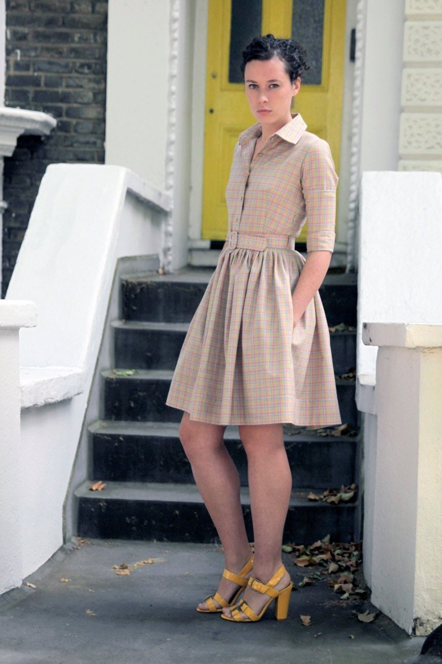 Image of Women Beige Dress, Wool Lounge Gingham Belt House Shirt 's Plaid Pocket Retro Dress