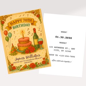 Carte de célébration du 70e anniversaire | Vin vintage, gâteaux et chapeaux de fête