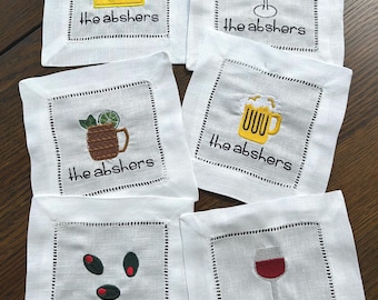 Personalized Embroidered Cocktail Napkins/Coasters for Bar, Linen Cocktail Napkin