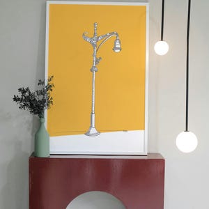 Lamp Post print with bright and vibrant colours. Color options: green, yellow, purple teal, blue. Size options A5, A4, A3