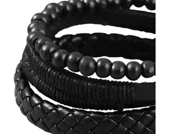 3pc set Fashion Unisex Men Women Leather Minimalist Braid Bead Handmade Multilayer Adjustable Bracelet