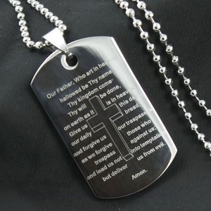 24" Men's Bible Scriptures Cross Engraved on Stainless Steel Dog Tag Pendant w/ Bead Ball Chain Necklace J25